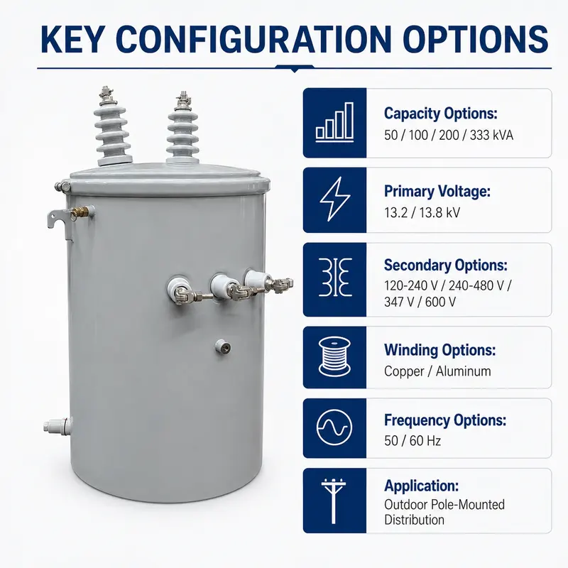 Outdoor Single-Phase Pole-Mounted Oil Transformer 50–333 kVA (13.2–13.8 kV) — customisation options