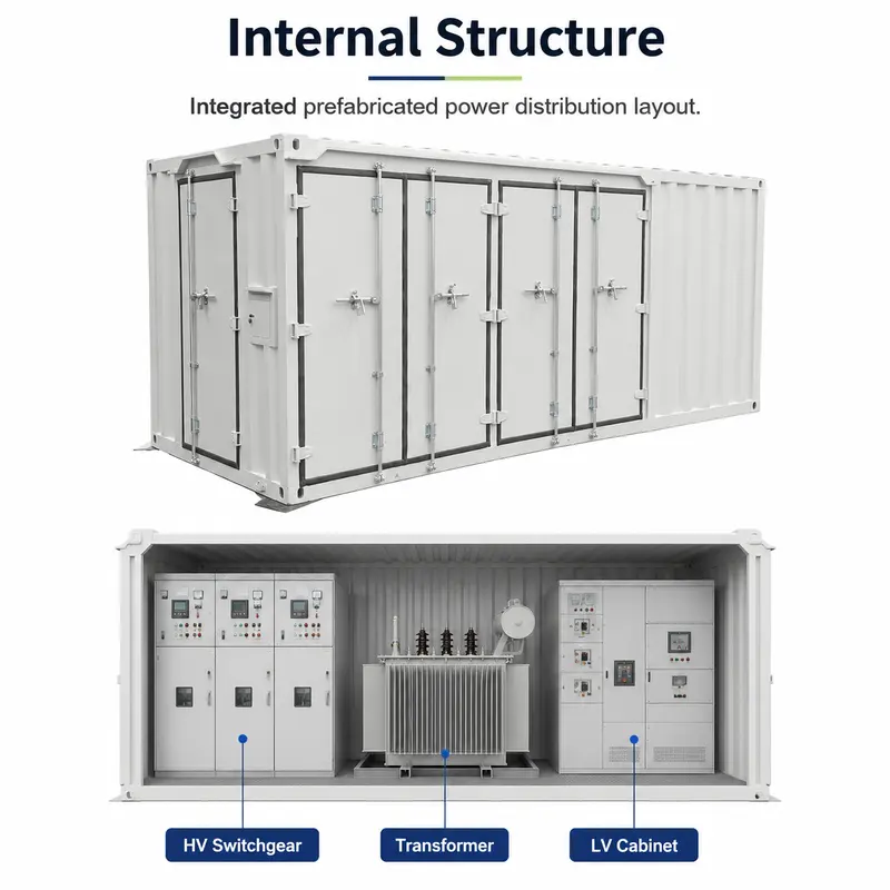 Photovoltaic Aluminum-Coil Prefabricated Container Substation (12–36 kV) — internal structure