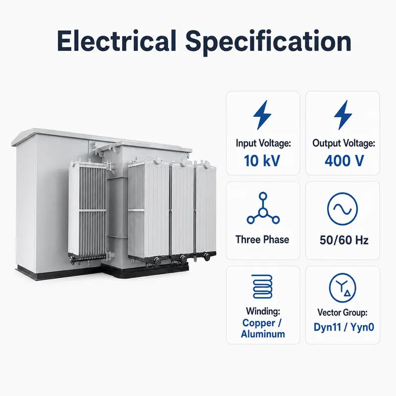 Photovoltaic & Wind Power Box-Type Substation (10/0.4 kV) — specification and nameplate detail
