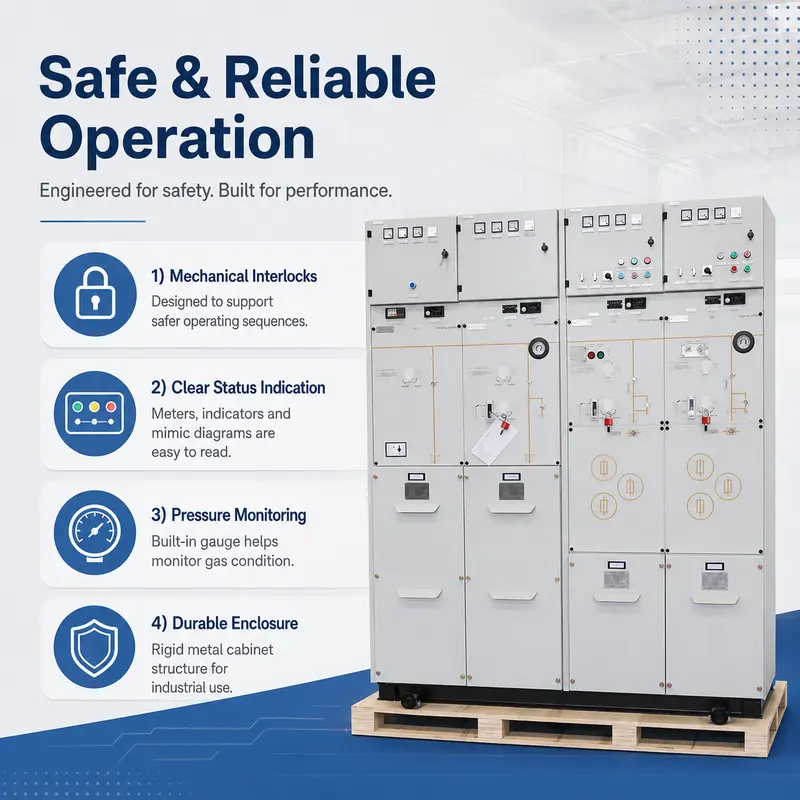 SF6 Gas-Insulated Ring Main Unit (RMU), 12–24kV, 630–2500A (Indoor) — specification and nameplate detail