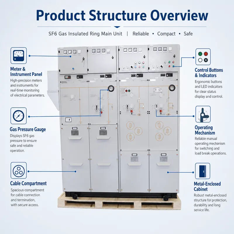 SF6 Gas-Insulated Ring Main Unit (RMU), 12–24kV, 630–2500A (Indoor) — dimensions and layout