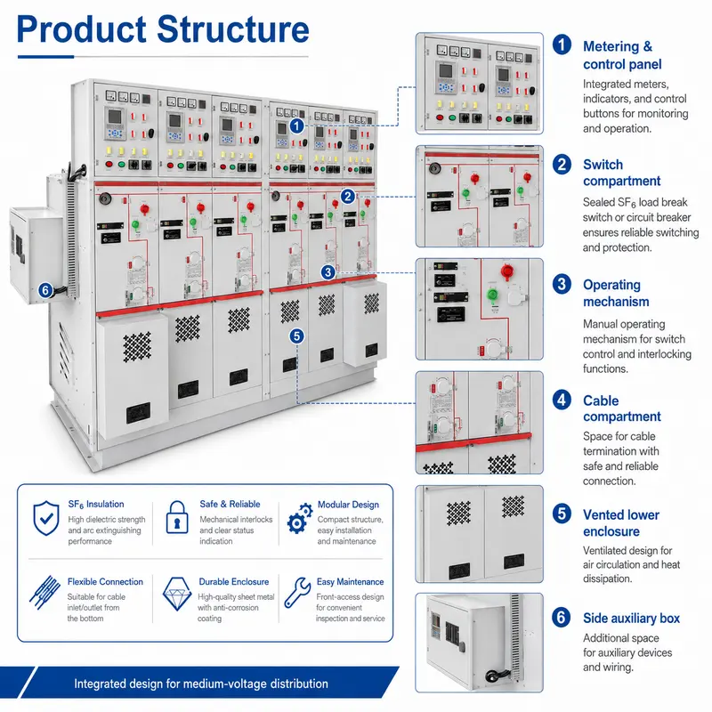 SF6 Intelligent Ring Main Unit, 12–33kV (630–2500A, Solid-Insulated, Indoor) — dimensions and layout