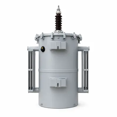 Single-Phase 25–100 kVA Pole-Mounted Transformer (11.4 kV / 120–240 V) — product photo on white background