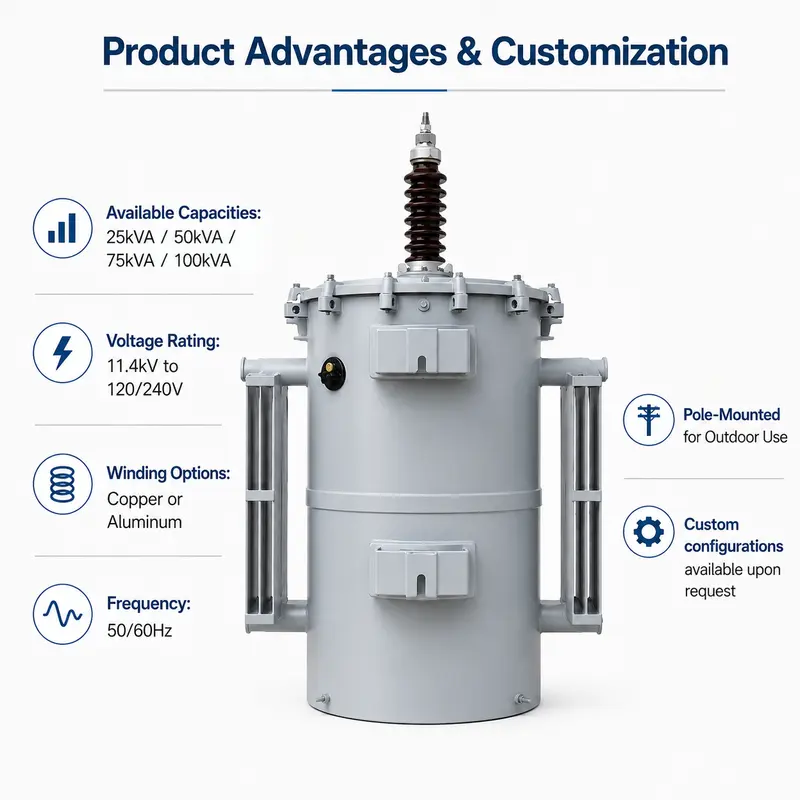 Single-Phase 25–100 kVA Pole-Mounted Transformer (11.4 kV / 120–240 V) — construction and materials detail