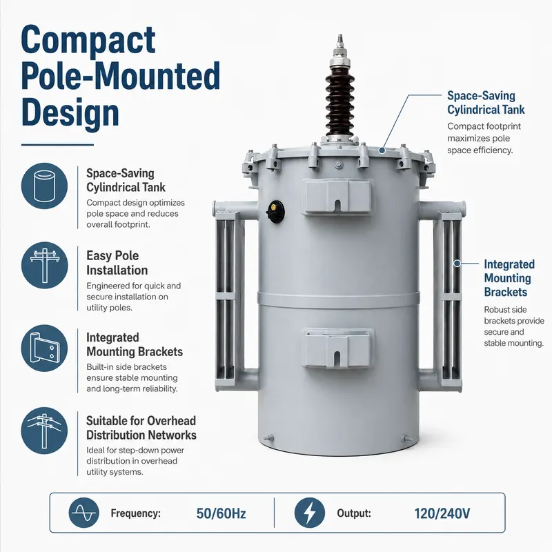 Single-Phase 25–100 kVA Pole-Mounted Transformer (11.4 kV / 120–240 V) — specification and nameplate detail