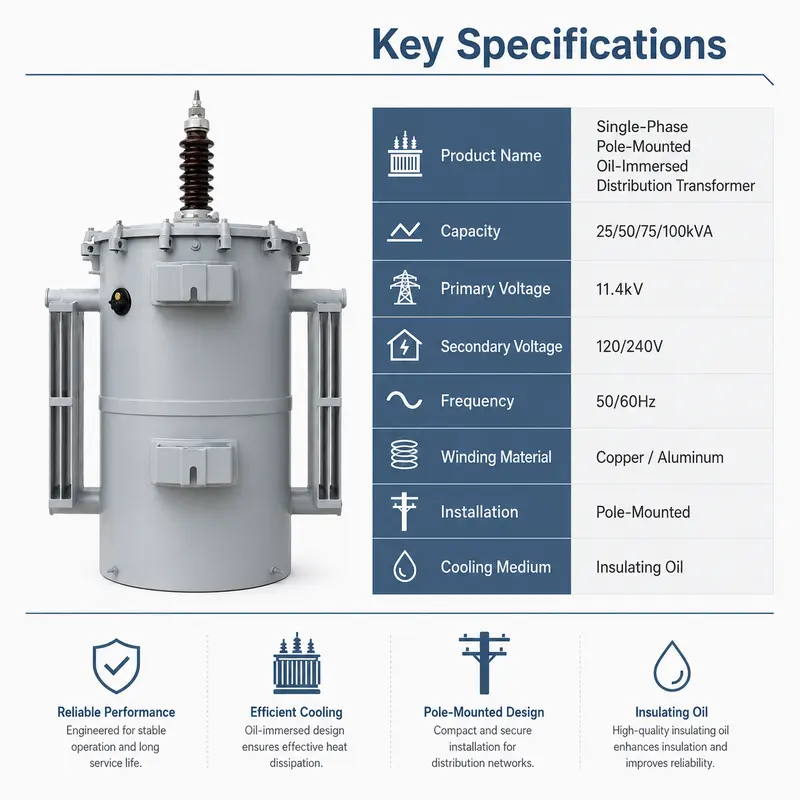 Single-Phase 25–100 kVA Pole-Mounted Transformer (11.4 kV / 120–240 V) — dimensions and layout