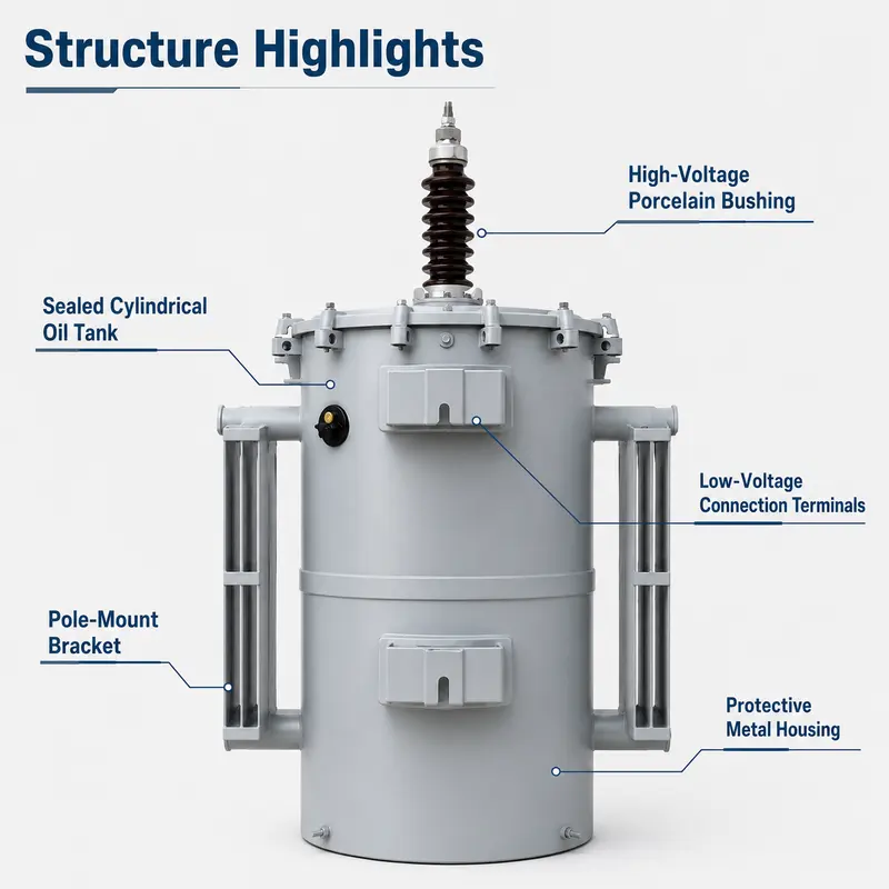 Single-Phase 25–100 kVA Pole-Mounted Transformer (11.4 kV / 120–240 V) — internal structure