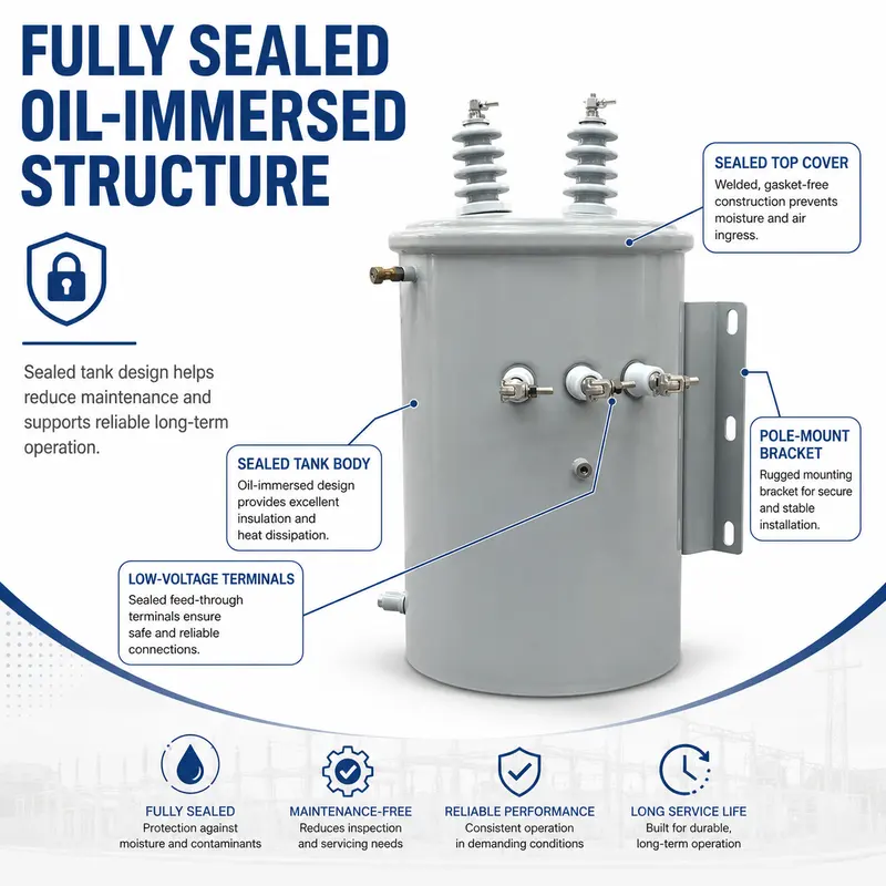 Single-Phase 25kVA & 50kVA Pole-Mounted Distribution Transformer — sealed construction
