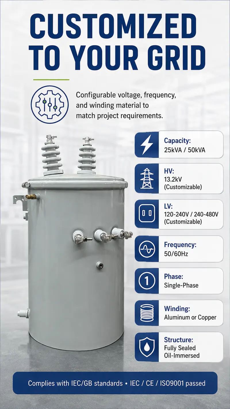 Single-Phase 25kVA & 50kVA Pole-Mounted Distribution Transformer — customisation options