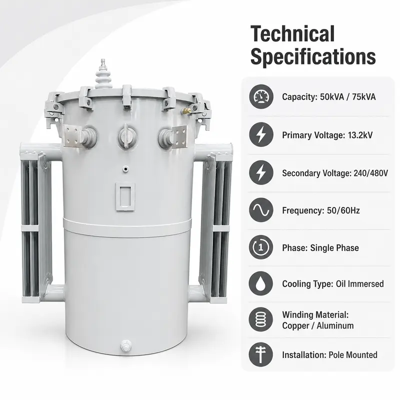 Single-Phase 50 kVA & 75 kVA Pole-Mounted Distribution Transformer (13.2 kV) — dimensions and layout