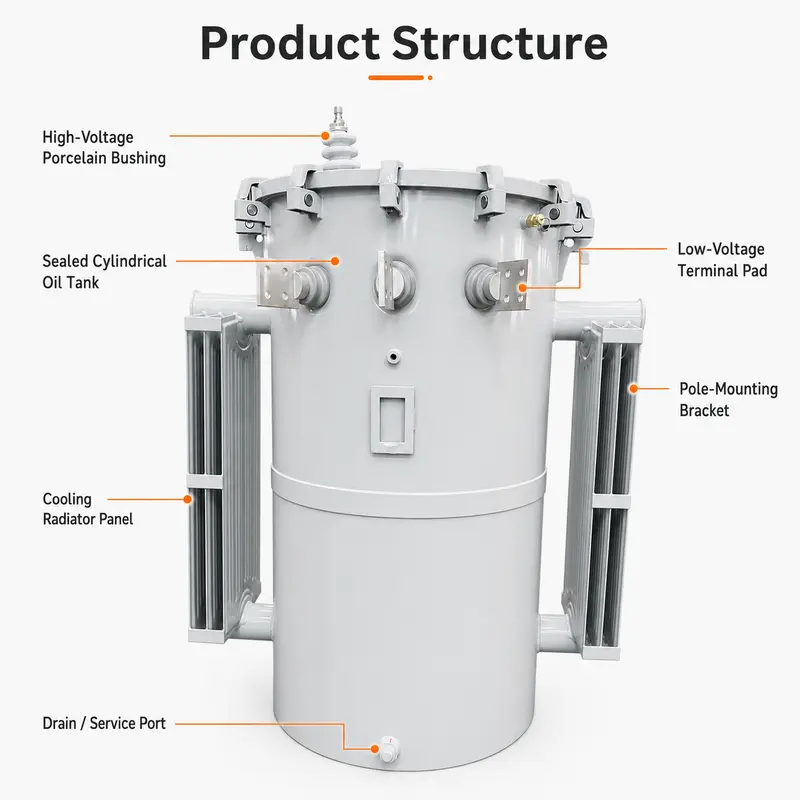 Single-Phase 50 kVA & 75 kVA Pole-Mounted Distribution Transformer (13.2 kV) — internal structure
