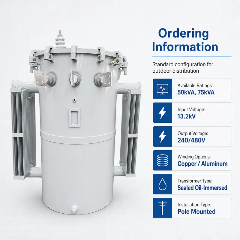 Single-Phase 50 kVA & 75 kVA Pole-Mounted Distribution Transformer (13.2 kV) — customisation options