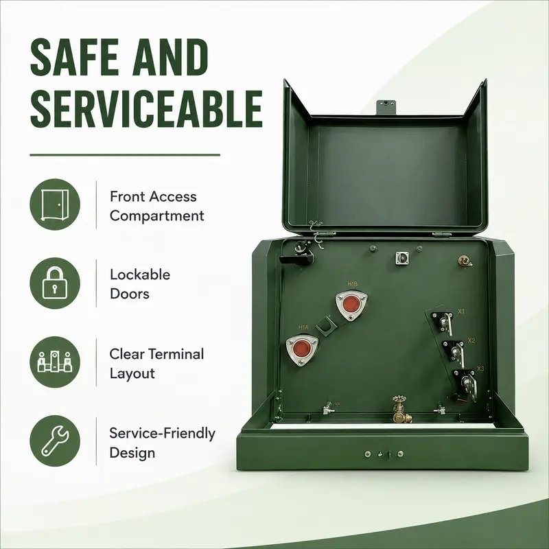 Single-Phase Pad-Mounted Transformer — 220V/400V, Energy-Saving, USA/Canada Standard — safety and protection features