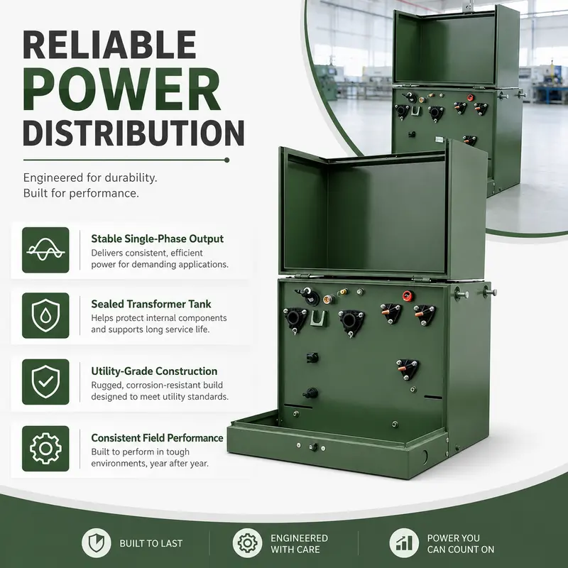 Single-Phase Pad-Mounted Transformer, 37.5–167kVA (12.47/34.5kV to 120/240V) — specification and nameplate detail