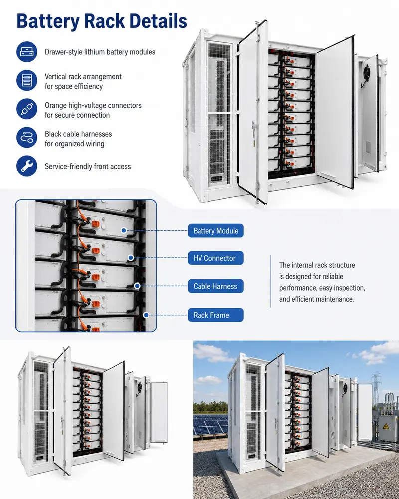 Solar Energy Storage Battery System, 500kW–1000kW / 1MWh–8MWh (Liquid-Cooled, IP67) — internal structure