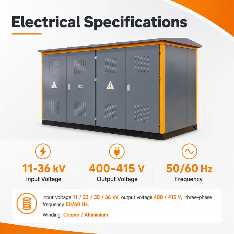 Three Phase 11–36 kV Compact Package Substation — specification and nameplate detail
