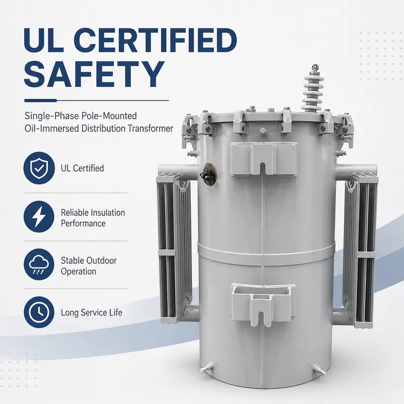 UL-Certified Single-Phase Pole-Mounted Transformer 25–333 kVA (7.2 kV) — construction and materials detail