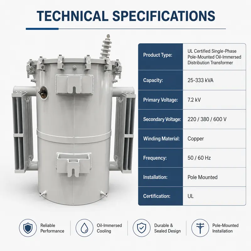 UL-Certified Single-Phase Pole-Mounted Transformer 25–333 kVA (7.2 kV) — internal structure
