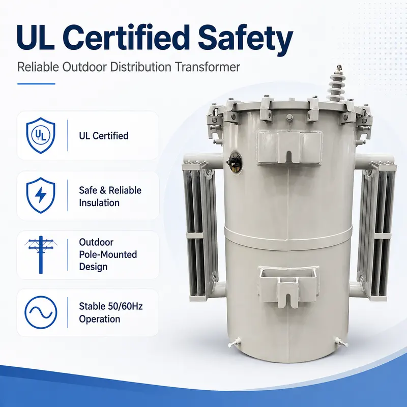 UL-Certified Single-Phase Pole-Mounted Transformer 25 / 50 / 75 kVA (13.8 kV) — construction and materials detail