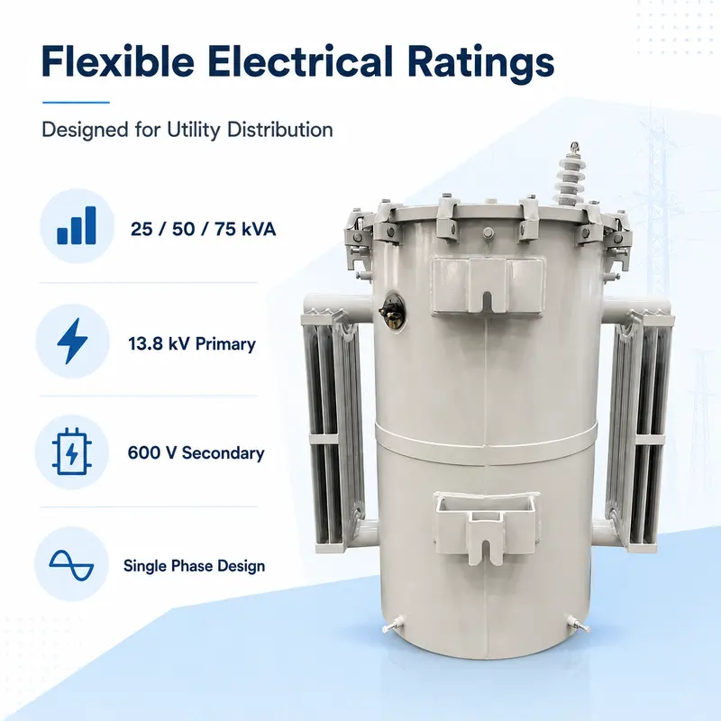 UL-Certified Single-Phase Pole-Mounted Transformer 25 / 50 / 75 kVA (13.8 kV) — safety and protection features