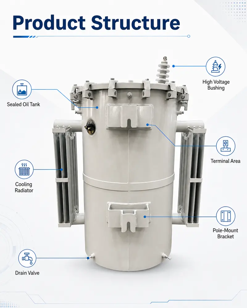UL-Certified Single-Phase Pole-Mounted Transformer 25 / 50 / 75 kVA (13.8 kV) — dimensions and layout