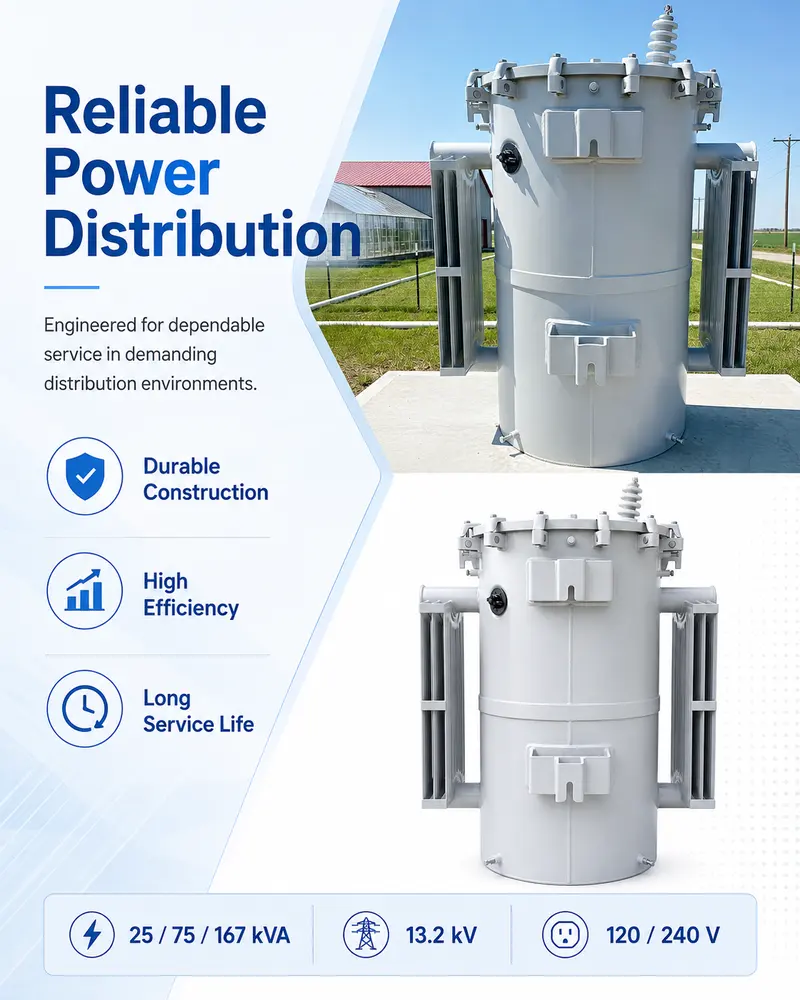 UL Single-Phase Pole-Mounted Transformer 25 / 75 / 167 kVA (13.2 kV) — construction and materials detail