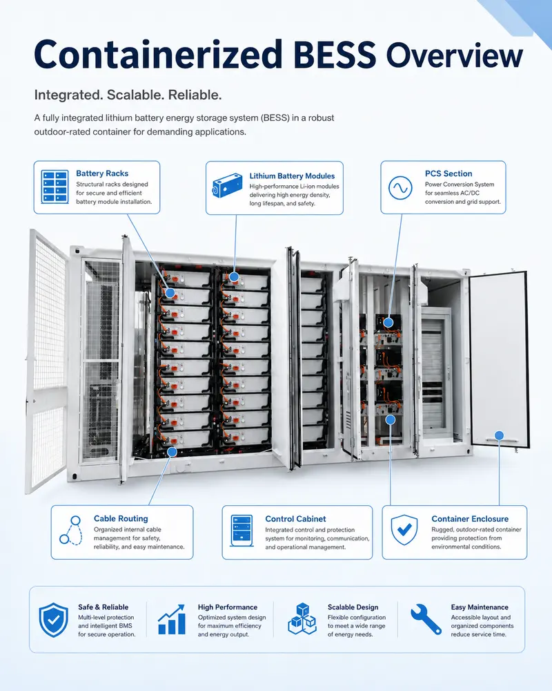 Utility-Scale Lithium-Ion Battery Storage System (1000kWh–5MWh, Liquid-Cooled, IP67) — dimensions and layout