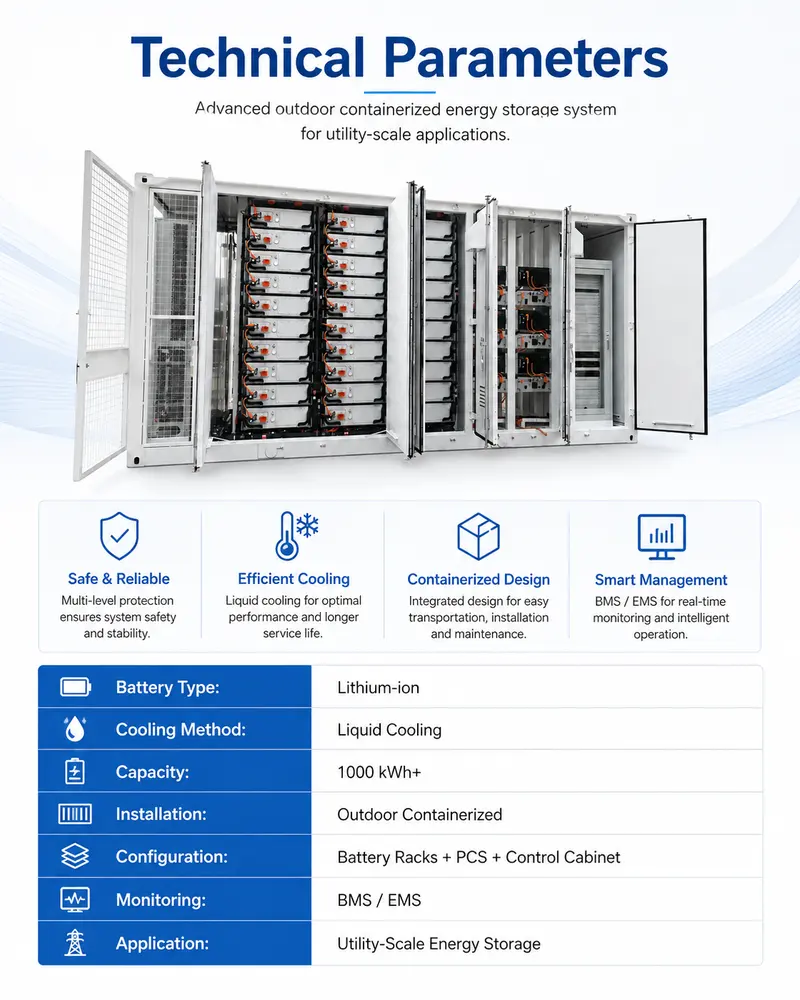 Utility-Scale Lithium-Ion Battery Storage System (1000kWh–5MWh, Liquid-Cooled, IP67) — internal structure