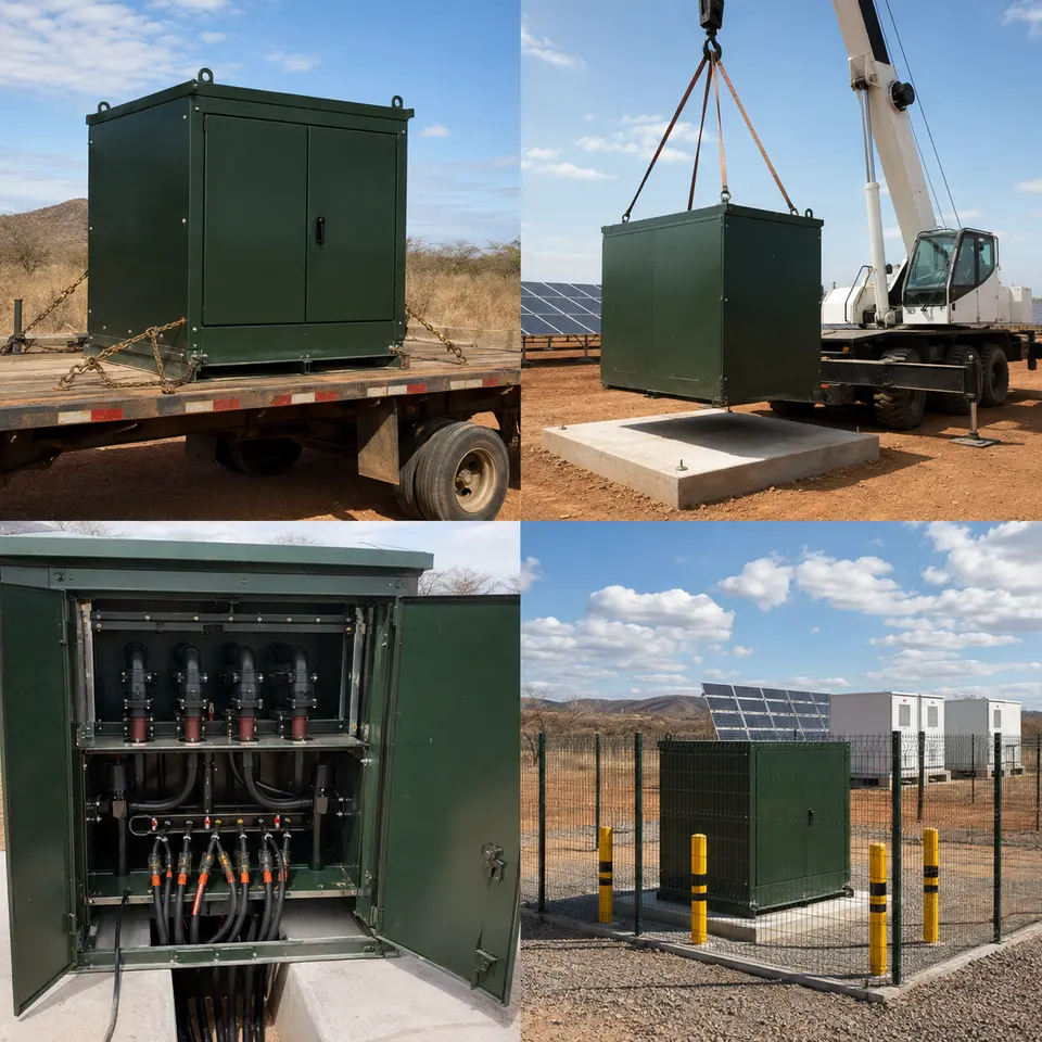 Contact sheet showing four stages of a pad-mounted transformer installation: delivery, crane placement, dead-front connection, completed installation