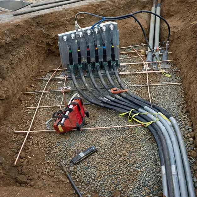 Technicians terminating medium-voltage collector cables and bonding earth conductors inside a prefabricated substation