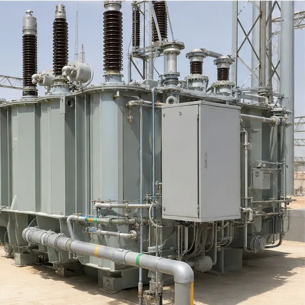 Detail view of high-voltage bushings, surge arresters, conservator pipework and marshalling kiosk on an oil-immersed transformer