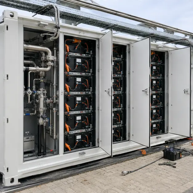 Interior view of battery racks with liquid-cooling manifolds and pipework inside a storage container
