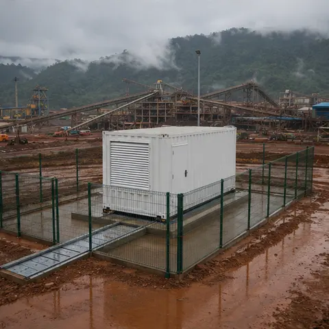 Completed and fenced containerized substation on a raised foundation at a remote mining site