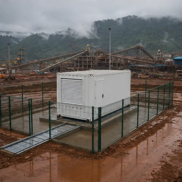 Completed and fenced containerized substation on a raised foundation at a remote mining site