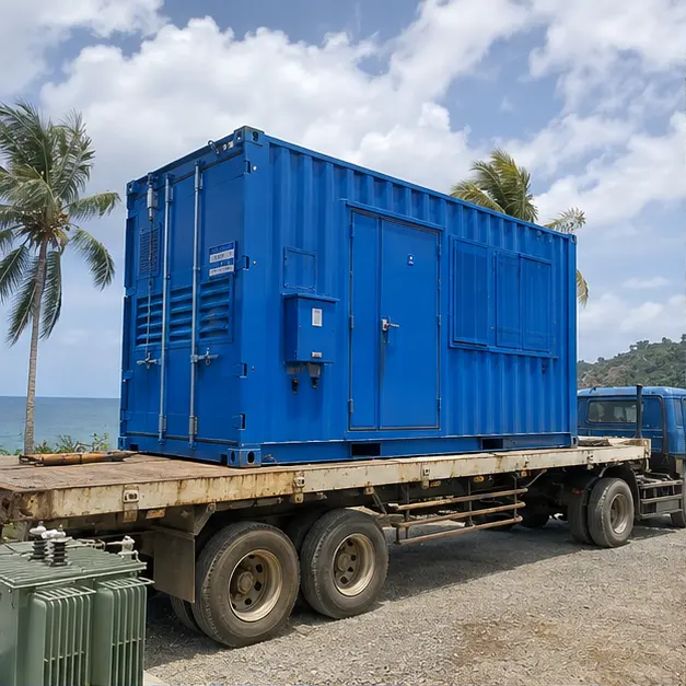 Containerized substation equipment being delivered to a coastal island location