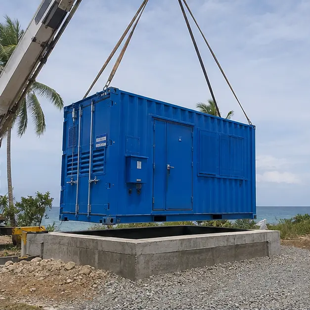 Crane lifting a substation container onto a raised concrete pad at a coastal site