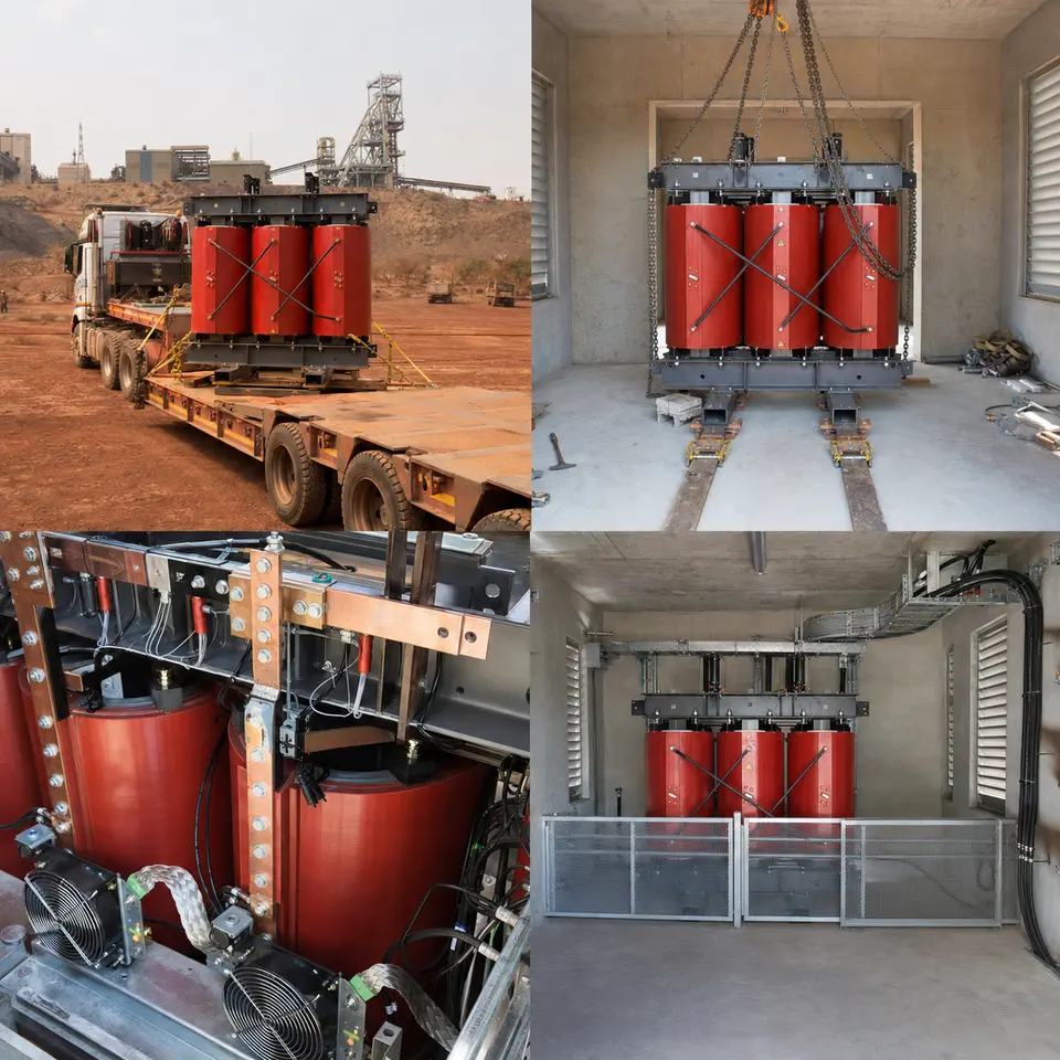 Contact sheet showing four stages of a dry-type transformer installation: transport, indoor positioning, busbar and cooling connection, completed transformer room