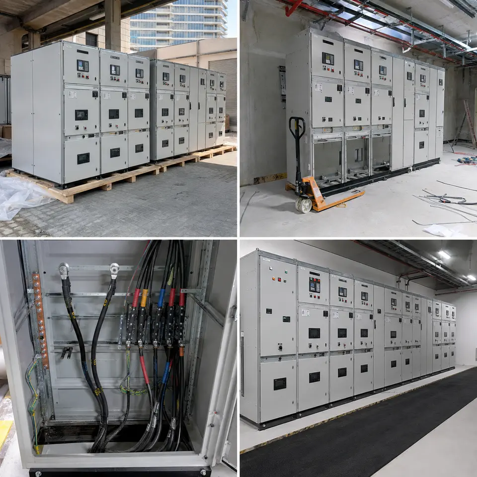 Contact sheet showing four stages of an indoor switchgear installation: delivery, panel positioning, cable termination, completed lineup
